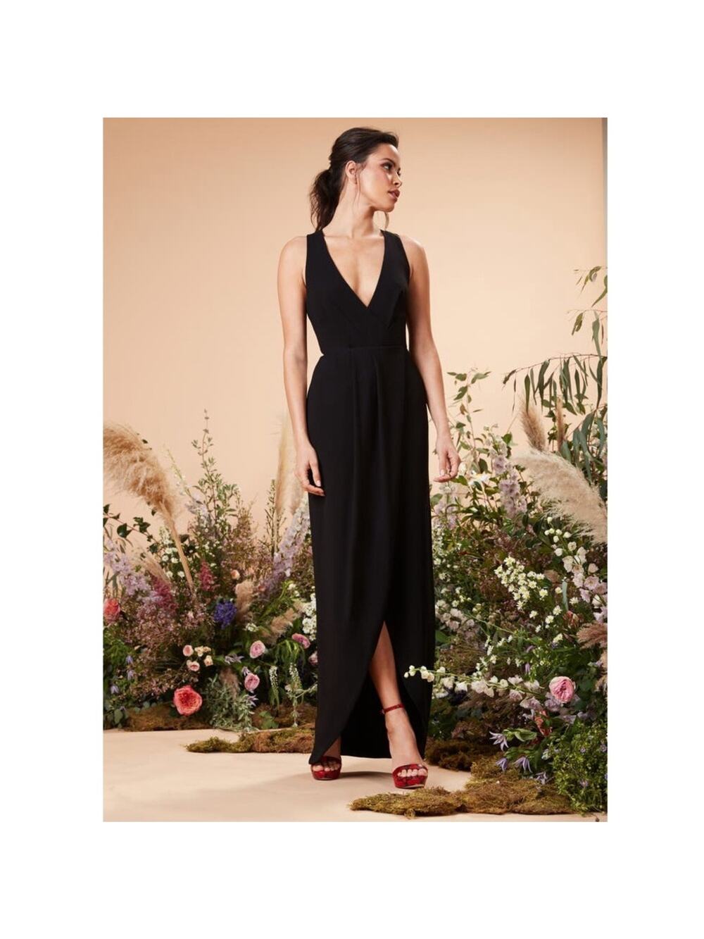Dress The Population Ariel Racerback Faux Wrap Crepe Gown Nwot